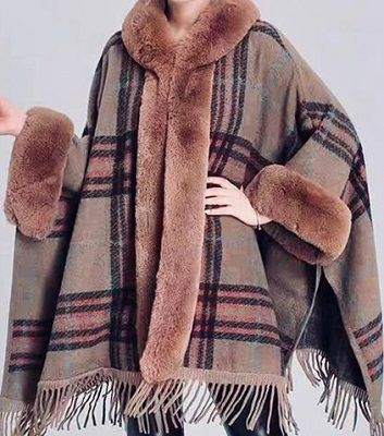 Fur Collar Check Poncho